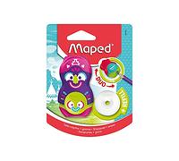 Maped - DUO Sacapuntas + Goma Loopy Totem - Material Escolar Con Compartimento para Virutas - 3 Diseños Con Caras - Goma de Recambio