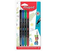 Maped Graph'Peps Deco - Fieltros de punta fina de 0,4 mm, punta resistente, comodidad de escritura y dibujo, 4 bolígrafos de fieltro, color negro, verde, rojo, azul