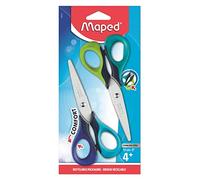 Maped - Juego de 2 pares de tijeras Sensoft 13 cm - Tijeras para niños con anillos simétricos interiores flexibles - Tijeras escolares a partir de 4 años - Azul + Verde