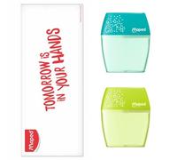 Maped - Juego de 2 sacapuntas para coctelera, 2 agujeros y depósito translúcido, color azul y verde