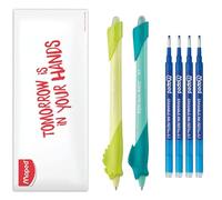 Maped Kidy Learn - Pack de 2 Bolígrafos Borrables (Tiburón y Camaleón) + 4 Recambios de Tinta, Diseño Ergonómico de Iniciación con Goma Integrada, Kit Completo de Aprendizaje de Escritura, Recargable