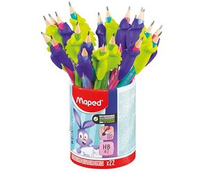 Maped Kidy Learn - Set de 22 Lápices de Grafito HB con Goma y 2 Guías para Dedos (Conejo y Camaleón), Lápices de Aprendizaje Ergonómicos para Niños, Ideal para Aprender a Escribir, a partir de 3 Años