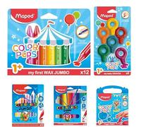 Maped Kit Ceras y Colorear Vuelta al Cole Ceras de Colores Wax Jumbo, Set de 12 Crayones Crayons Set de 6 Colores + Pintura a dedos Pack de 24 Pinturas de Colores + Set de 12 Rotuladores
