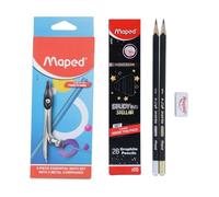 Maped Kit de papelería escolar, 20 piezas, caja geométrica de alta calidad, juego de 9 piezas con 10 lápices oscuros, kit esencial de papelería escolar, productos de alta calidad con experiencia de
