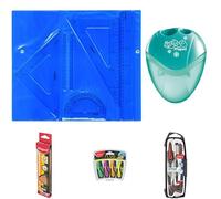 Maped Kit Vuelta al Cole 2 Reglas, Dos escuadras y un cartabón+ Sacapuntas con Depósito Set de Compás de Precisión 5 Piezas, + 4 Subrayadores Mini de Colores + Lapices de Grafito (12 Unidades)