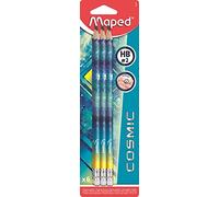 Maped - Lápices de papel de madera con borrador - Forma ergonómica - 6 lápices de papel de color aleatorio HB #2 Black'Peps Tatoo Cosmic Teens