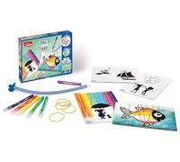 MAPED - Manualidades para Niños - Blowpen Art Hilo - Colorear Soplando Tinta - Incluye 1 Accesorio Aerógrafo, 6 Rotuladores de Colores, 4 Tarjetas Impresas y 10 Gomas Elásticas