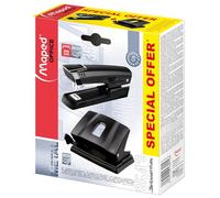 Maped - Material de Oficina - Set Essentials Metal - Grapadora de Manual Half Strip - Perforador de Papel para 20/25 Hojas - Diseños en Color Negro