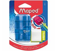 Maped - Material Escolar - DUO Sacapuntas + Goma Connect - 2 Orificios para Afilar - Sacapuntas con Compartimento para Virutas - Incluye Goma de Recambio - 3 Diseños Translúcidos