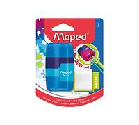 Maped - Material Escolar - DUO Sacapuntas + Goma Connect - 2 Orificios para Afilar - Sacapuntas con Goma - Compartimento para Virutas - Incluye Goma de Recambio - 3 Diseños Combinados