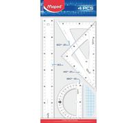 Maped - Material Escolar - Maxi Kit de 4 Piezas - 1 Regla de 30 cm, 1 Escuadra, 1 Cartabón y 1 Transportador - Diseños Transparentes - Grabados Presentados en Funda de Plástico