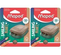 Maped - Material Escolar - Sacapuntas Smiling Planet - Tiene 2 Orificios para Afilar - Tamaño Compacto para el Estuche - Agarre Ergonómico - Fabricado con Fibra de Madera (Paquete de 2)