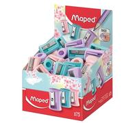 Maped - Material Escolar - Sacapuntas Vivo Pastel - Expositor con 75 Sacapuntas - Tienen 1 Orificio para Afilar - Tamaño Compacto para el Estuche - Diseño Ergonómico - 3 Colores Diferentes