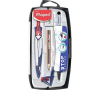 Maped - Material Escolar - Stop System Caja 7 Piezas - Compás Escolar - Incluye Abrazadera Universal, Portaminas, Afilaminas, Estuche de Minas, Mini Lápiz y Goma - Sistema de Bloqueo de Brazos
