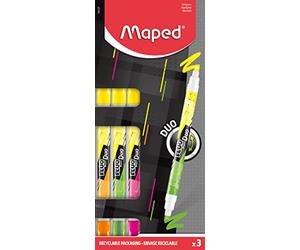Maped - Material Escolar - Subrayadores Fluo Duo - Dos Puntas de Colores Distintos - Punta Biselada con Trazo de 1 a 5 mm - Gran Vida Útil - Disponible en Amarillo, Rosa, Verde y Naranja