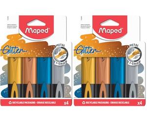 Maped - Material Escolar - Subrayadores Glitter Metal - Tonos Brillantes - Aplicable sobre Cualquier Papel - Punta Biselada con Trazo de 1 a 5 mm - Disponible en Dorado, Bronce, Azul y Plata, 742000