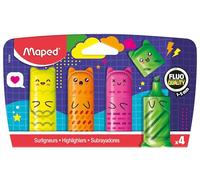 Maped Mini Friends - Set de 4 Mini Subrayadores Fluorescentes con Diseño Kawaii, Formato Compacto para Estuche, Colores Neón (Amarillo, Naranja, Rosa y Verde), Marcadores de Personajes Divertidos