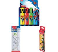 Maped Pack Escolar y Estudio: 4 Subrayadores Superman + Maxi Kit Geometría (4 Piezas) + 12 Lápices de Grafito HB Black'Peps