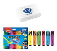 Maped Pack Escolar y Oficina: Lápices Infinitos Color'Peps (36 Uds) + Expositor Subrayadores Classic (28 Uds) + Goma de Borrar Essentials Soft
