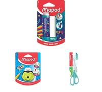 Maped Pack Escolar y Oficina: Tijeras Essentials Asimétricas 21 cm + Sacapuntas Croc Croc Signal con Depósito + Goma de Borrar Pixel Party
