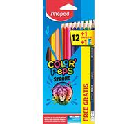 Maped - Pinturas de Madera - Estuche Strong - 12 Lápices de Colores, 1 lapicero con Goma y 1 Sacapuntas - Incluye Etiquetas para Poner el Nombre - Ideal para Llevar a Clase