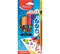 Maped - Pinturas de Madera - Lápices de Colores Aqua - 12 Pinturas de Colores - Incluye 1 Pincel - Mina Acuarelable - Ideal para Humedecer con el Pincel Tras su Aplicación