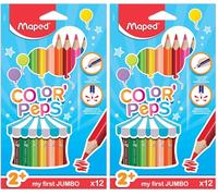 Maped - Pinturas de Madera - Lápices de Colores Jumbo - 12 Pinturas con Presentación en Caja de Cartón - Mina Blanda y Resistente - Empuñadura Gruesa para Mejor Empuñadura (Paquete de 2)