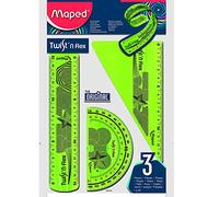 Maped - Reglas Escolares - Twist'n Flex Decor - Mini Kit de 3 Piezas - 1 Regla de 15 cm, 1 Cartabón de 60° y 1 Transportador de Ángulos 180° - Material Flexible e Irrompible - Diseño Lúdico