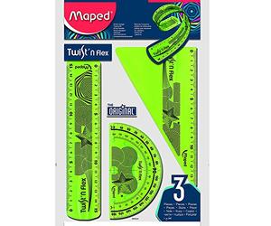 Maped - Reglas Escolares - Twist'n Flex Decor - Mini Kit de 3 Piezas - 1 Regla de 15 cm, 1 Cartabón de 60° y 1 Transportador de Ángulos 180° - Material Flexible e Irrompible - Diseño Lúdico
