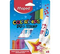 Maped - Rotuladores de Colores para Niños - Color's Peps Duo Stamp - 8 Rotuladores con Punta Gorda y Sello - Tinta Ultra Lavable - 8 Sellos con Motivos Diferentes - Ideal para Completar Dibujos