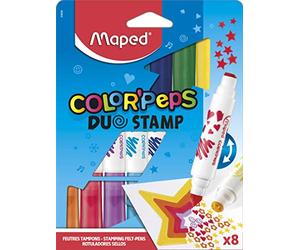 Maped - Rotuladores de Colores para Niños - Color's Peps Duo Stamp - 8 Rotuladores con Punta Gorda y Sello - Tinta Ultra Lavable - 8 Sellos con Motivos Diferentes - Ideal para Completar Dibujos