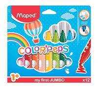 Maped Rotuladores Jumbo para Niños, 12 Colores Vivos, Punta Gruesa de Seguridad, Tinta Ultra Lavable, No Mancha, Fácil de Limpiar, Apto Desde 1 Año, Ideal para Dibujar y Manualidades