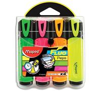 Maped Subrayadores de Colores, Pack de 4 Marcadores Fluo Peps, Verde, Rosa, Naranja y Amarillo, Punta Biselada de 1 a 5 mm, Tinta de Secado Rápido, Ideal para Escritura y Resaltado