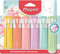 Maped Subrayadores Pastel, 6 Marcadores de Colores Suaves, Punta Biselada de 1 a 5 mm, Tinta Fluorescente para Papel, Tapón a Presión, Ideal para Oficina y Estudio