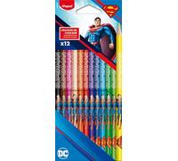 Maped x DC Comics Superman - Caja de 12 Lápices de Colores con Cuerpo Decorado, Kit Escolar de Alta Resistencia y Colores Vivos, Edición Especial Superhéroes para Niños