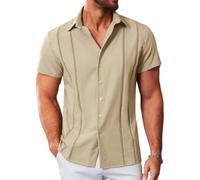 MAPICK Guayabera cubana para hombre, camisas casuales con botones, manga corta, camisa de vestir para verano, playa, mexicana, Caqui, XX-Large