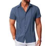MAPICK Guayabera cubana para hombre, camisas casuales con botones, manga corta, camisa de vestir para verano, playa, mexicana, Azul mezclilla, Medium