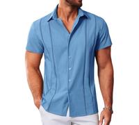 MAPICK Guayabera Cubana para Hombre, Camisas Casuales con Botones, Manga Corta, Camisa de Vestir para Verano, Playa, Mexicana, Azul, XX-Large