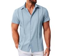 MAPICK Guayabera cubana para hombre, camisas casuales con botones, manga corta, camisa de vestir para verano, playa, mexicana, Azul/claro, XXX-Large