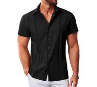 MAPICK Guayabera Cubana para Hombre, Camisas Casuales con Botones, Manga Corta, Camisa de Vestir para Verano, Playa, Mexicana, Negro -, XXX-Large