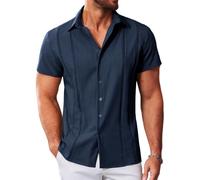 MAPICK Guayabera cubana para hombre, camisas casuales con botones, manga corta, camisa de vestir para verano, playa, mexicana, Azul marino, X-Large