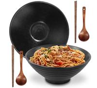 Mapille Cuencos Ramen Japoneses de Cerámica, Set 2 Bol Japonés 1000 ml Negros con Palillos y Cucharas, para Sopa Pho Udon Fideos Ensalada, Apto Lavavajillas Microondas y Horno