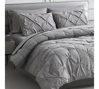 Maple&Stone Queen Comforter Set - 7 Pieces Pintuck Bed in A Bag Queen Pleat Pinch - Comforters Queen Size - Comforter Set with Flat Sheet, Fitted Sheet and Pillowcases & Shams, Grey