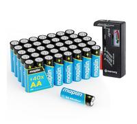 Maplin 40 Pilas alcalinas AA LR6 de 1,5 V, 10 años de Vida útil de Alto Rendimiento con probador de batería Universal