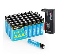 Maplin 40 Pilas alcalinas AAA LR03 de 1,5 V (Triple A) 10 años de Vida útil de Alto Rendimiento con probador de batería Universal