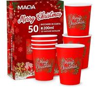 MAQA - 50 Vasos de Papel para Agua Navideños -Merry Christmas- 200ml, Biodegradables y Compostables - Vasos de Papel Desechables Eco-Amigables para Bebidas Calientes y Frías - Ideales para Navidad
