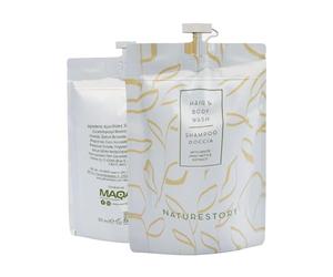 MAQA 50uds Champú de ducha monodosis doypack 30 ml, champú de ducha con extractos de ortiga blanca, champú de ducha de hotel en bolsitas línea de cortesía para B&B