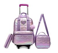 MAQDDO Schoolbag with Wheels Trolley Bag Set Girls Rolling Backpack For Girls School Bookbags Carry-On Luggage Wheeled Backpack para Escolar(Purple)