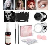 Maquillaje Halloween Blanco y Negro, con Sangre Falsa y Lenti a Contatto Blanco, Kit Maquillaje Halloween, Pintura Facial para Halloween Carnaval Teatral Fiesta Cosplay