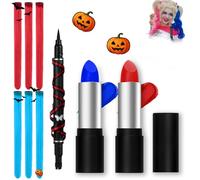 Maquillaje Harley Quinn, Maquillaje Joker, Halloween Makeup, Face Body Paint Stick Rojas y Azules+Extensiones Clip+Eyeliner Stamp Cuore, Accesorios Harley Quinn para Mujeres Niñas Festivales Cosplay